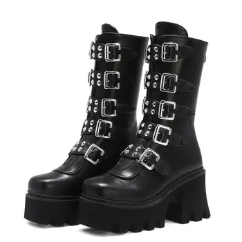 Nod liberal Botanist 2020 Iarna Gotice Punk Femei Cizme Cu Platforma Negru Catarama Curea Cu  Fermoar Pătrat Pantofi Cu Toc La Jumătatea Vițel Militare De Luptă Cizme  Negre pentru | Cizme pentru femei / Billshop.ro